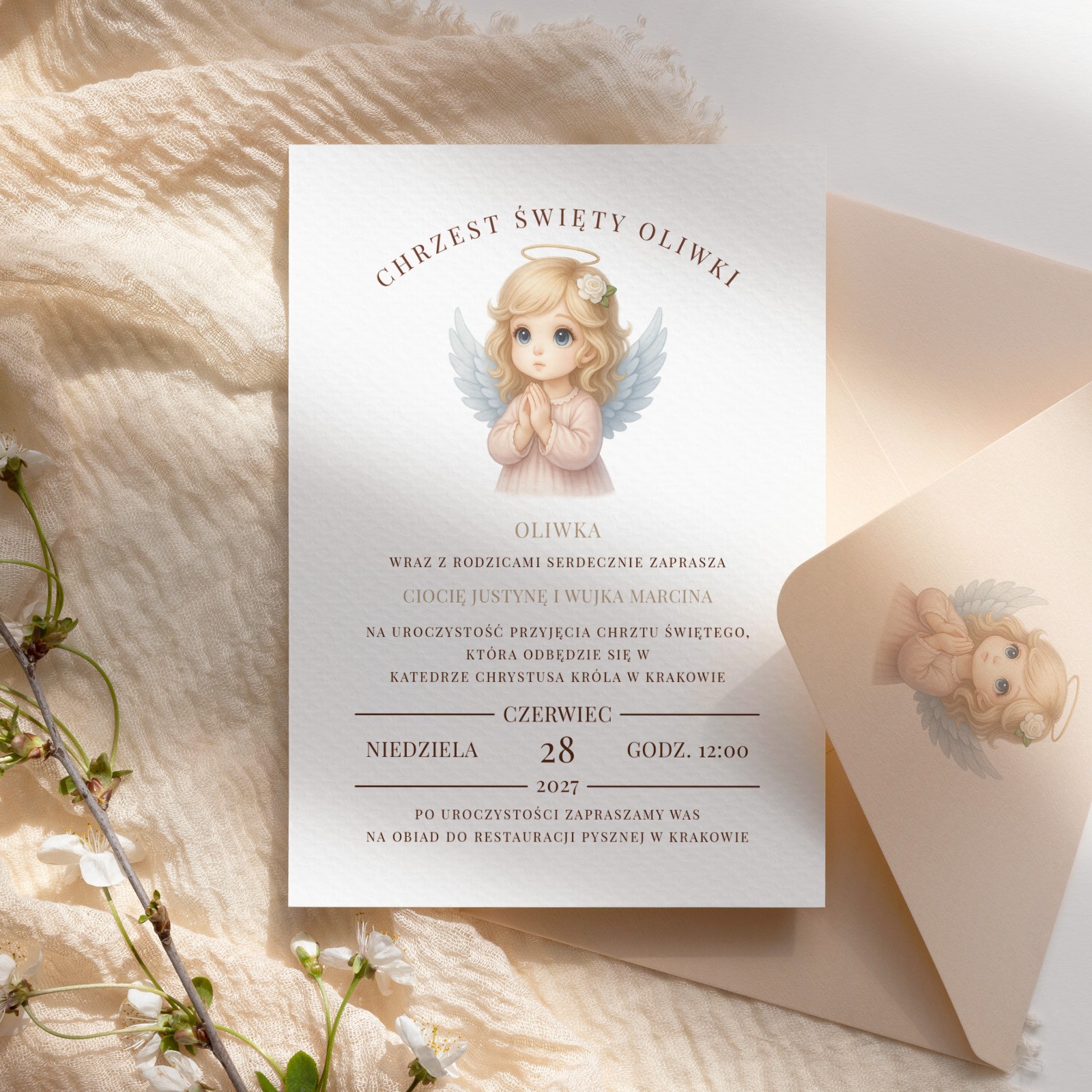Zaproszenia na chrzest z grafiką dziewczynki (aniołka) - widok 1 Zaproszenia na chrzest z grafiką dziewczynki (aniołka) - widok 1